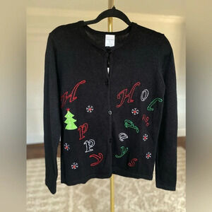Vintage Christmascore Happy Holidays NY Laundry Embroidered Cardigan Art Teacher